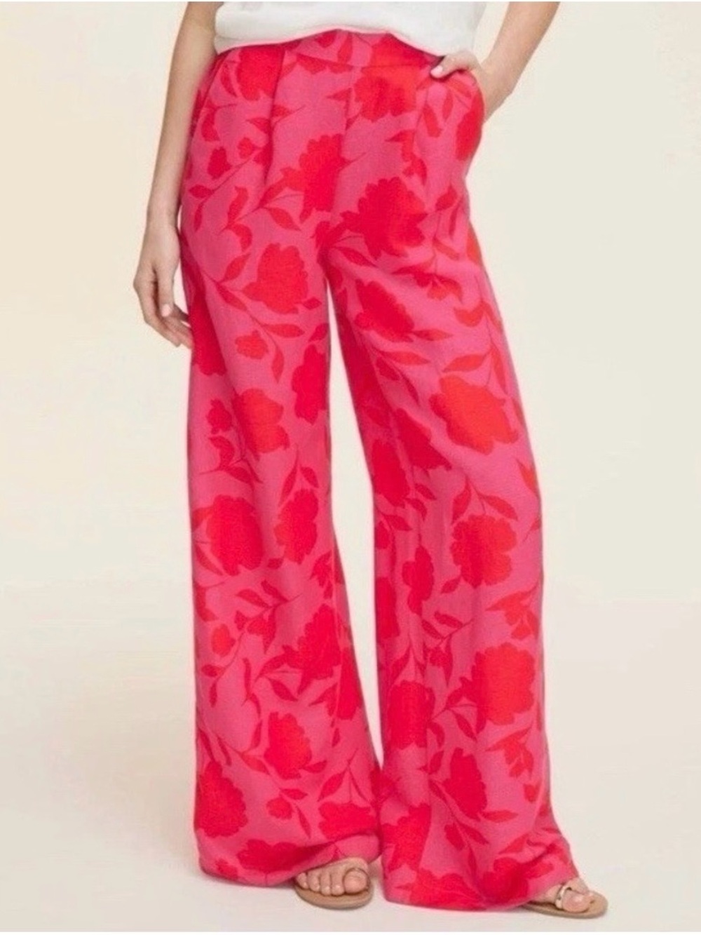 Kate Spade Target Collab, Wide Leg Floral Pants, Hot Pink & Red, XL, Linen, LONG